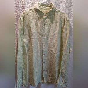Tommy Bahama Shirt Mens Large Green Striped Button Down Linen Beach Classic